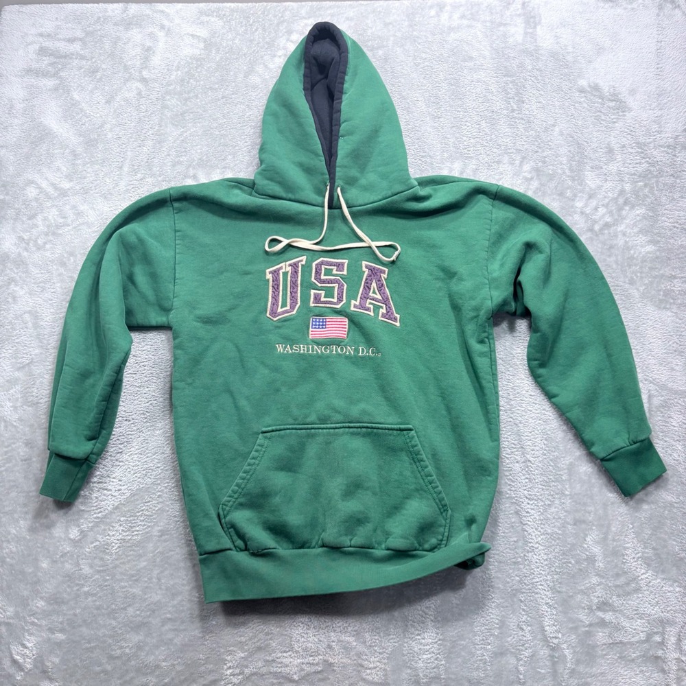 Vintage USA Hoodie Mens Large Green‎ Washington DC Embroidered Flag Pullover